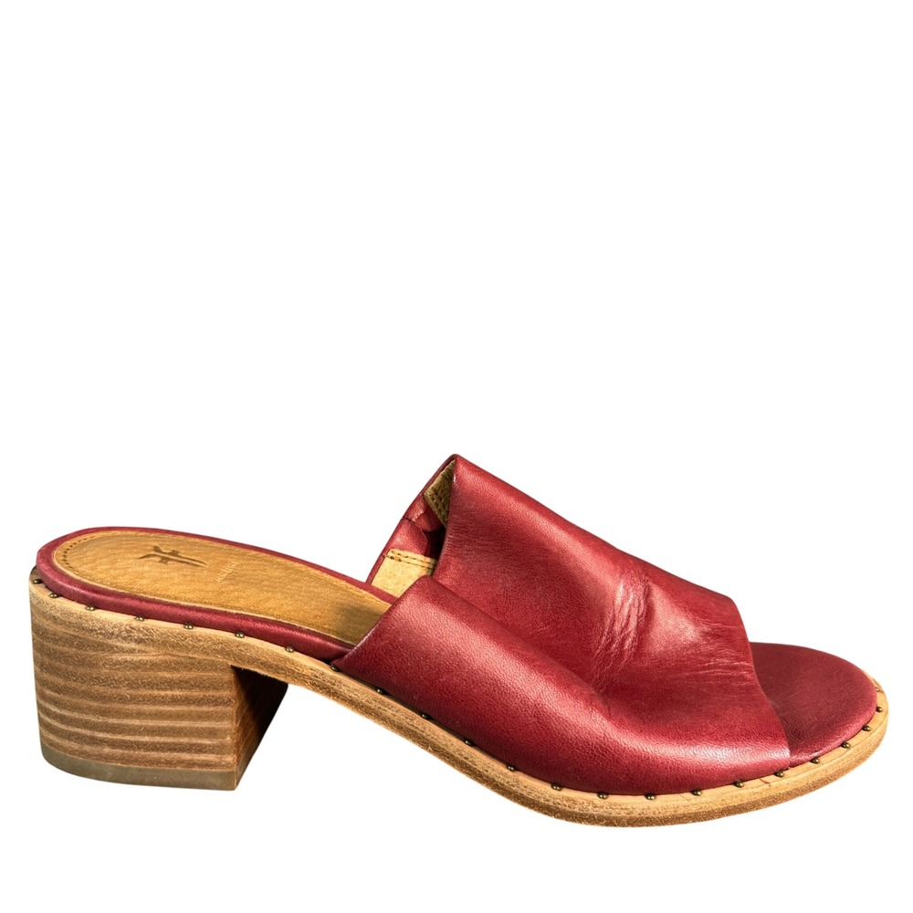 Frye Red Leather Block Heel Slide Sandals Studded Wood Mules Womens 5.5